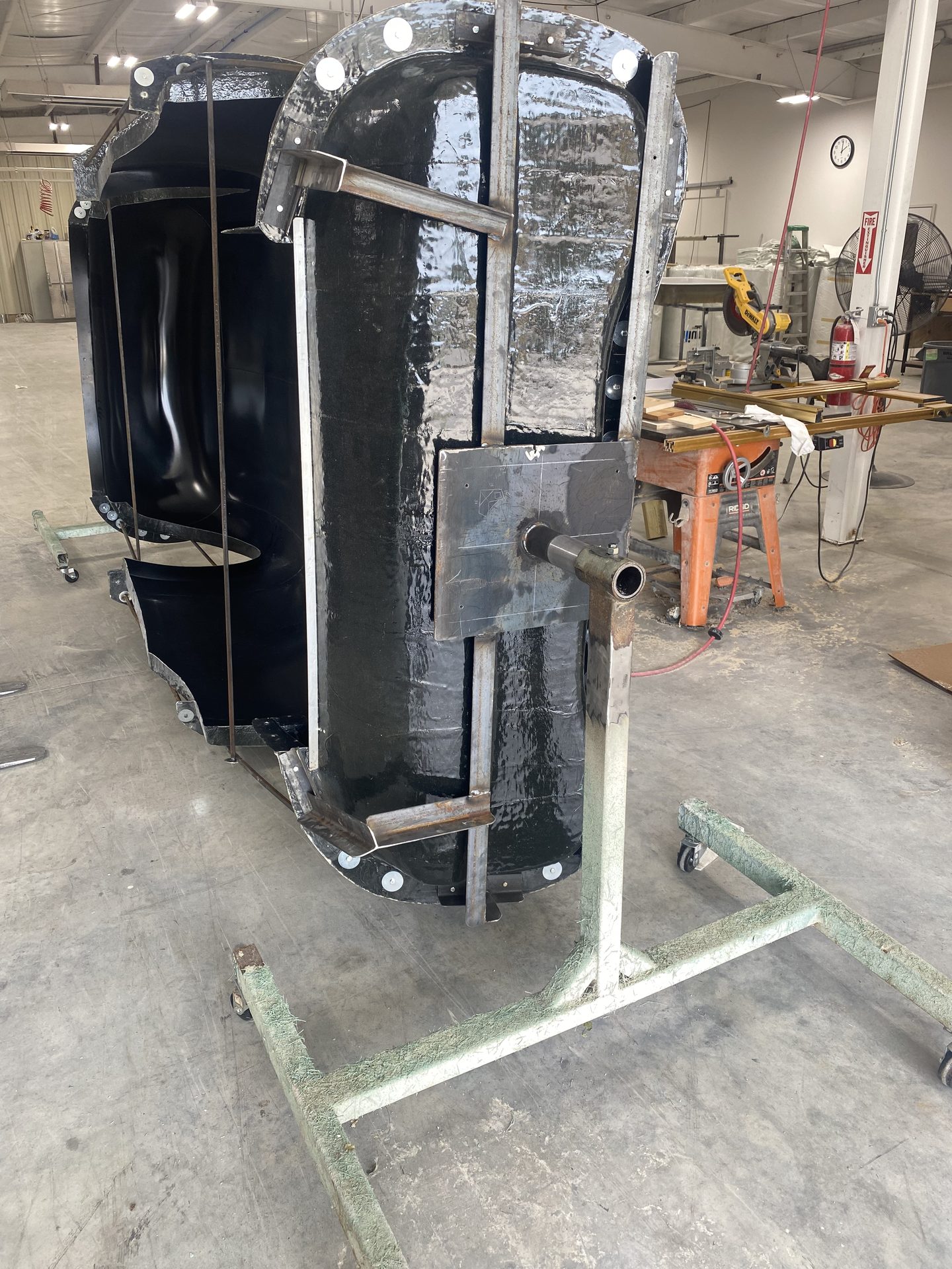Production mold halves standing in the shop